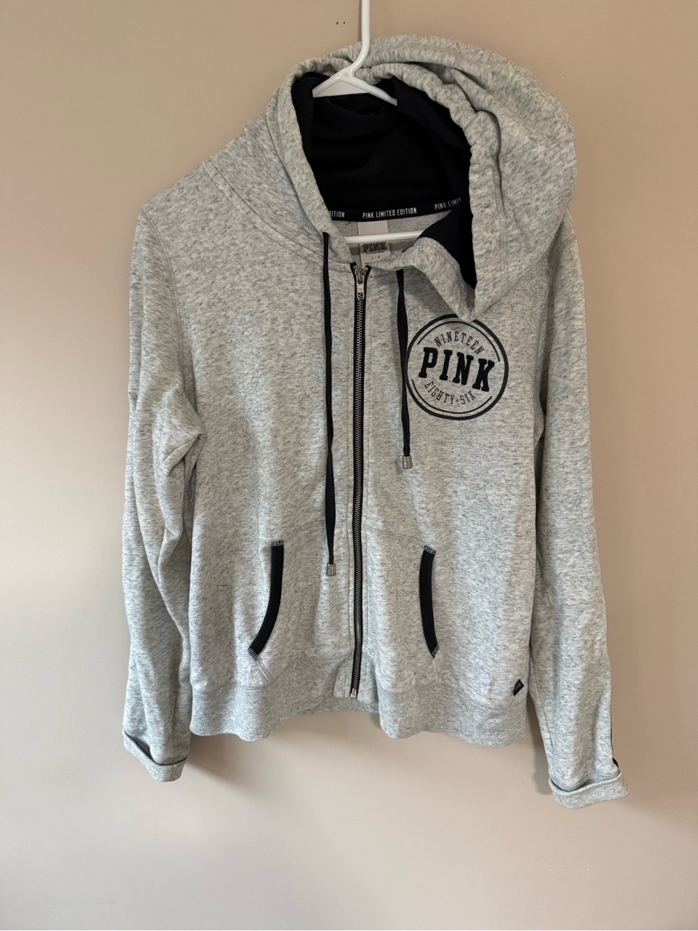 PINK Victoria's Secret Light Gray Zip-Up Hoodie with Black Trim